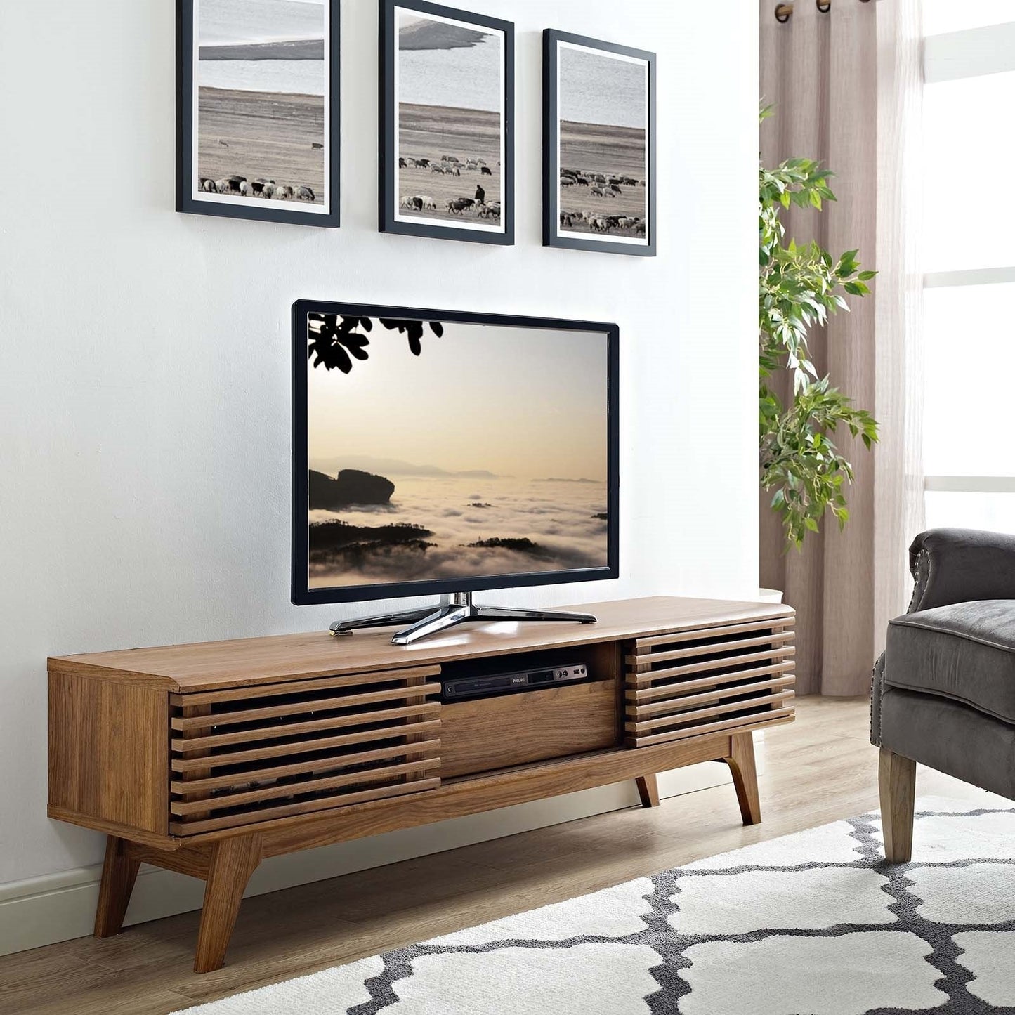 Wooden Mid Century Tv Stand 59" Walnut Sliding Doors by Plugsus Home Furniture