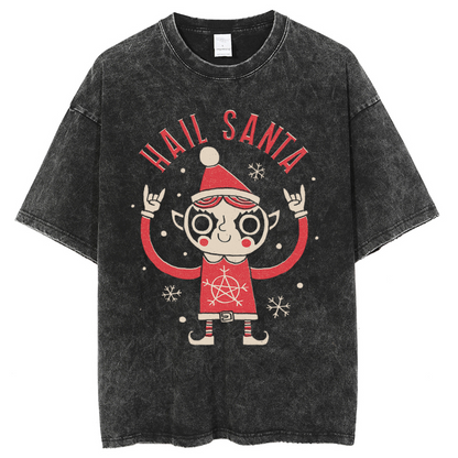 Unisex Hail Santa Printed Retro Washed Short Sleeved T-Shirt by migunica