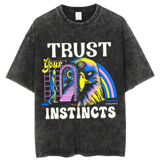 Trust Instincts Unisex Oversized Print Vintage Wash Denim T-Shirt by migunica