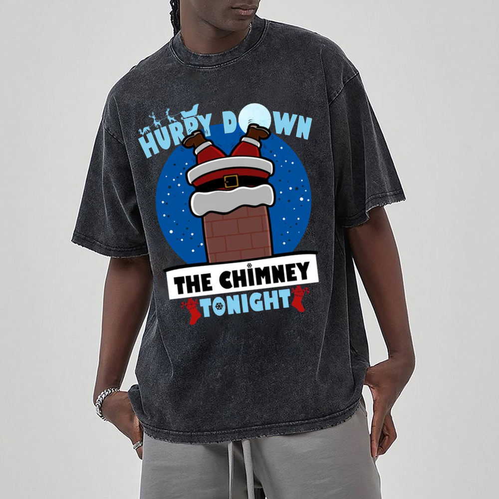 Unisex Hurry Down The Chimney Tonight Printed Retro Washed Short Sleeved T-Shirt by migunica