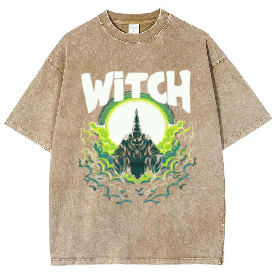 Witch Unisex Oversized Print Vintage Wash Denim T-Shirt by migunica