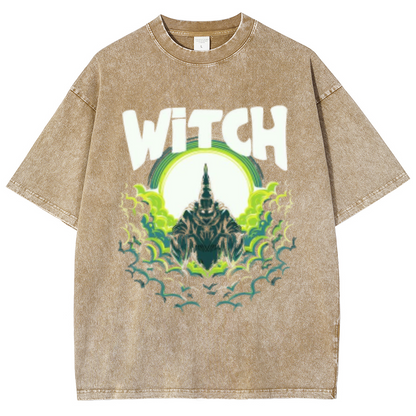 Witch Unisex Oversized Print Vintage Wash Denim T-Shirt by migunica