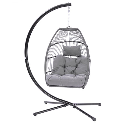 Outdoor Patio Wicker Folding Hanging Chair,Rattan Swing Hammock Egg Chair With C Type Bracket, With Cushion And Pillow