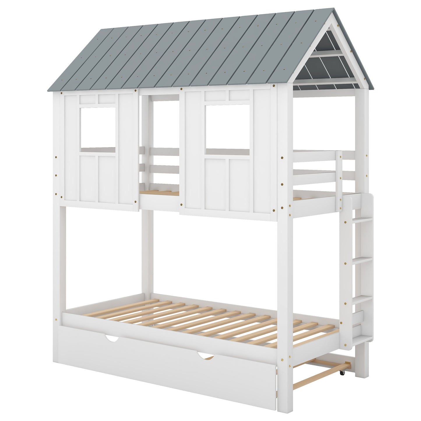 House Bunk Bed with Trundle,Roof and Windows,White(OLD SKU:GX000705AAK)