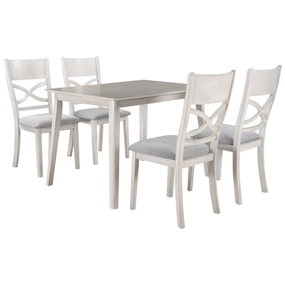 TOPMAX Farmhouse Rustic Wood 5-Piece Kitchen Dining Table Set with 4 Upholstered Padded Chairs, Light Grey+White