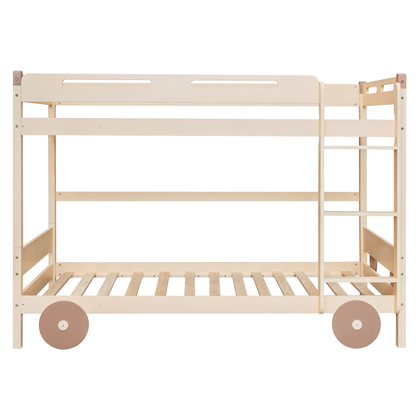 Twin Size Car-Shaped Convertible Bunk Bed, White, Natural+Brown