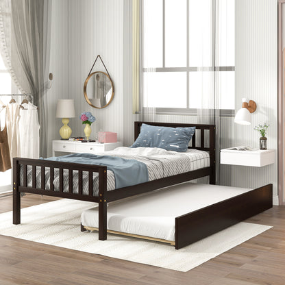 Twin Bed with Trundle, Platform Bed Frame with Headboard and Footboard, for Bedroom Small Living Space,No Box Spring Needed,Espresso