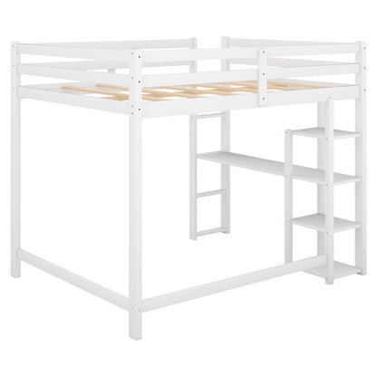 Full Size Loft Bed with Built-in Desk and Shelves,White