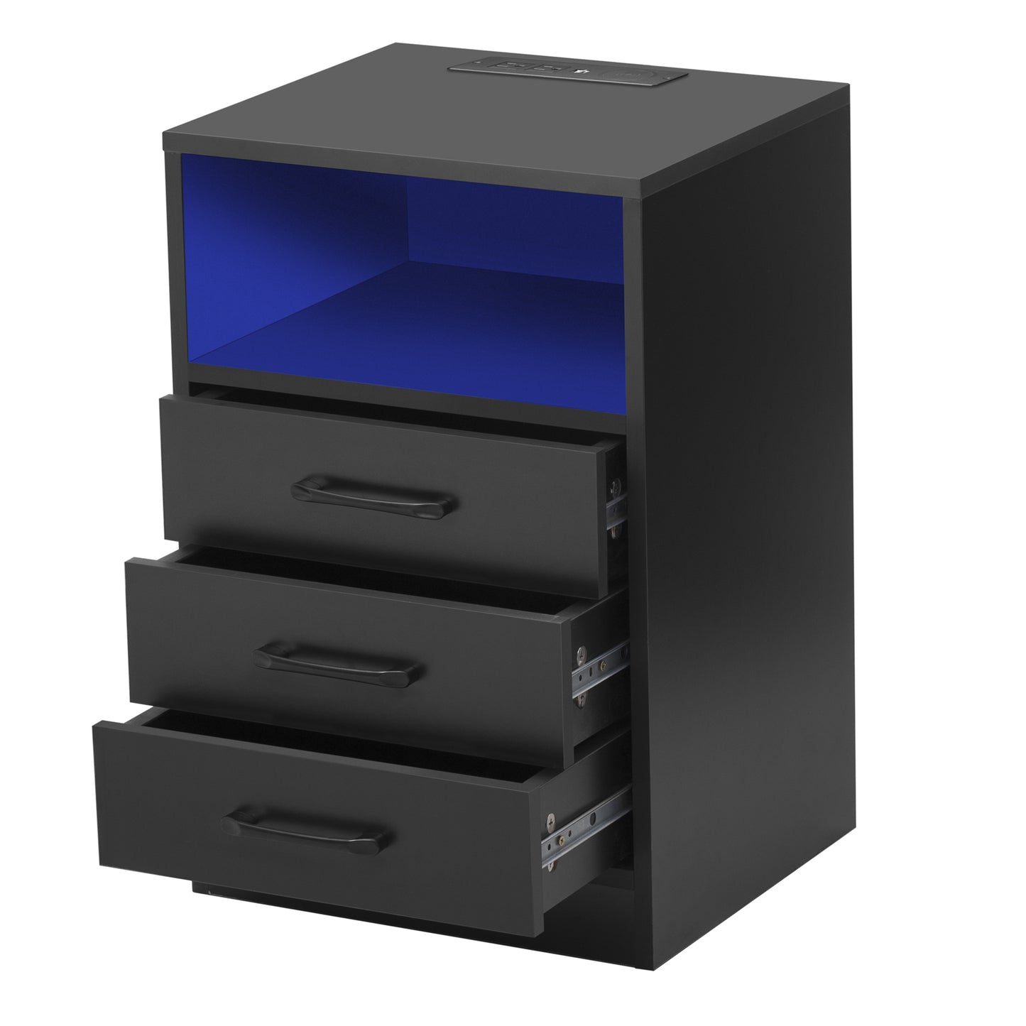 Nightstand with 3 Drawers and Cabinet,USB Charging Ports, Wireless Charging and Remote Control LED Light-Black