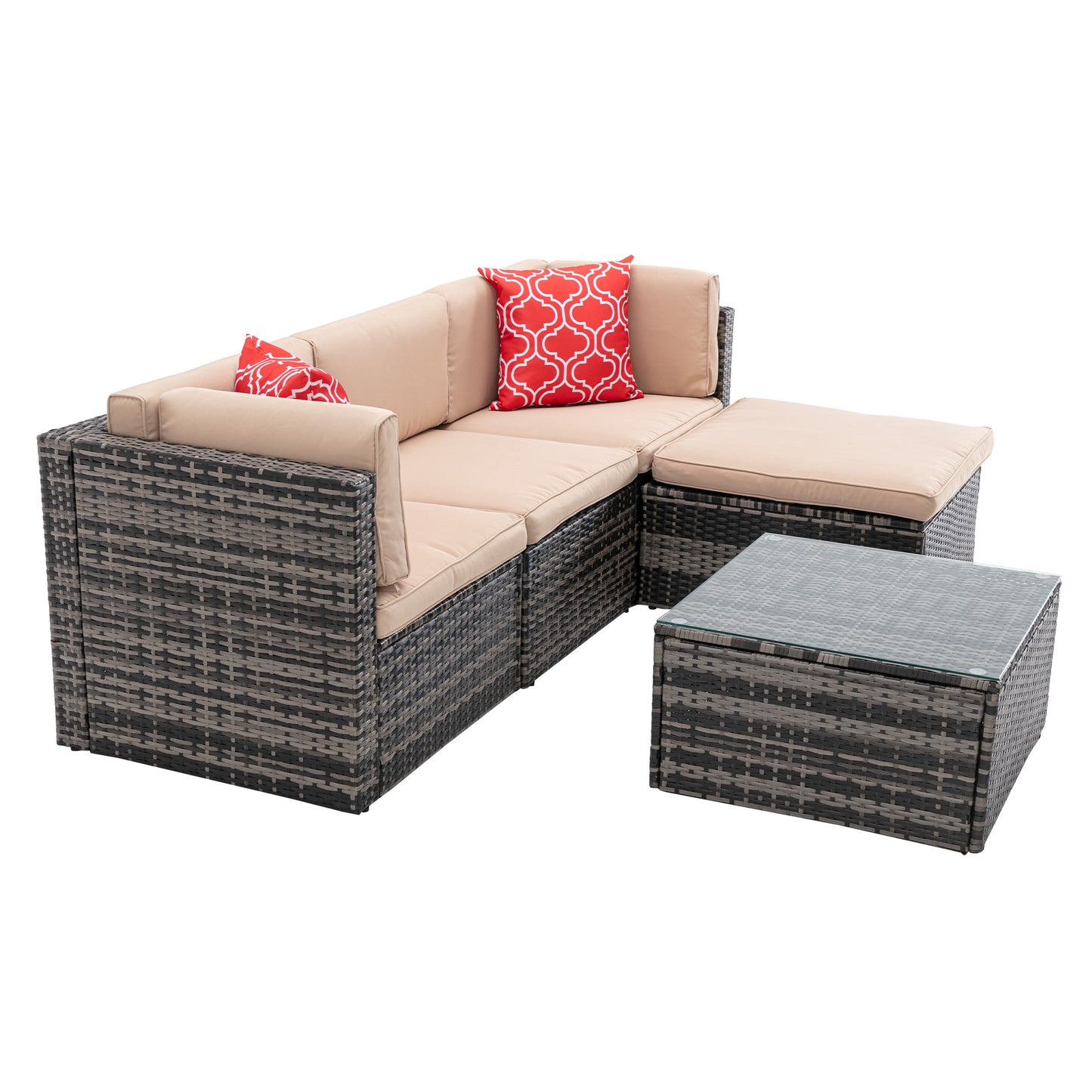 5Pcs Outdoor Garden Patio Furniture  PE Rattan Wicker  Sectional Cushioned Sofa Sets with 2 Pillows and Coffee Table