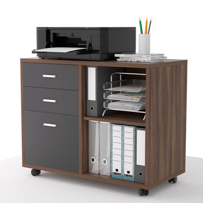 File Cabinet 3 -Drawer Mobile Lateral Filing Cabinet with Printer Stand for Home Office (Walnut and Dark Grey )