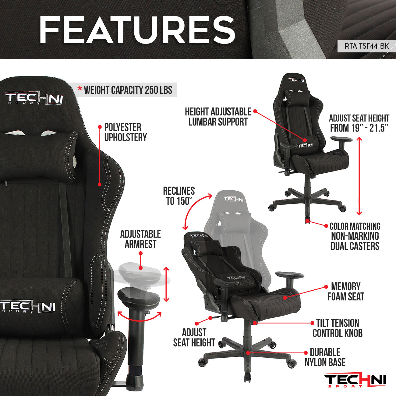 Techni Sport TS-F44 Fabric Ergonomic High Back Racer Style PC Gaming Chair, Black