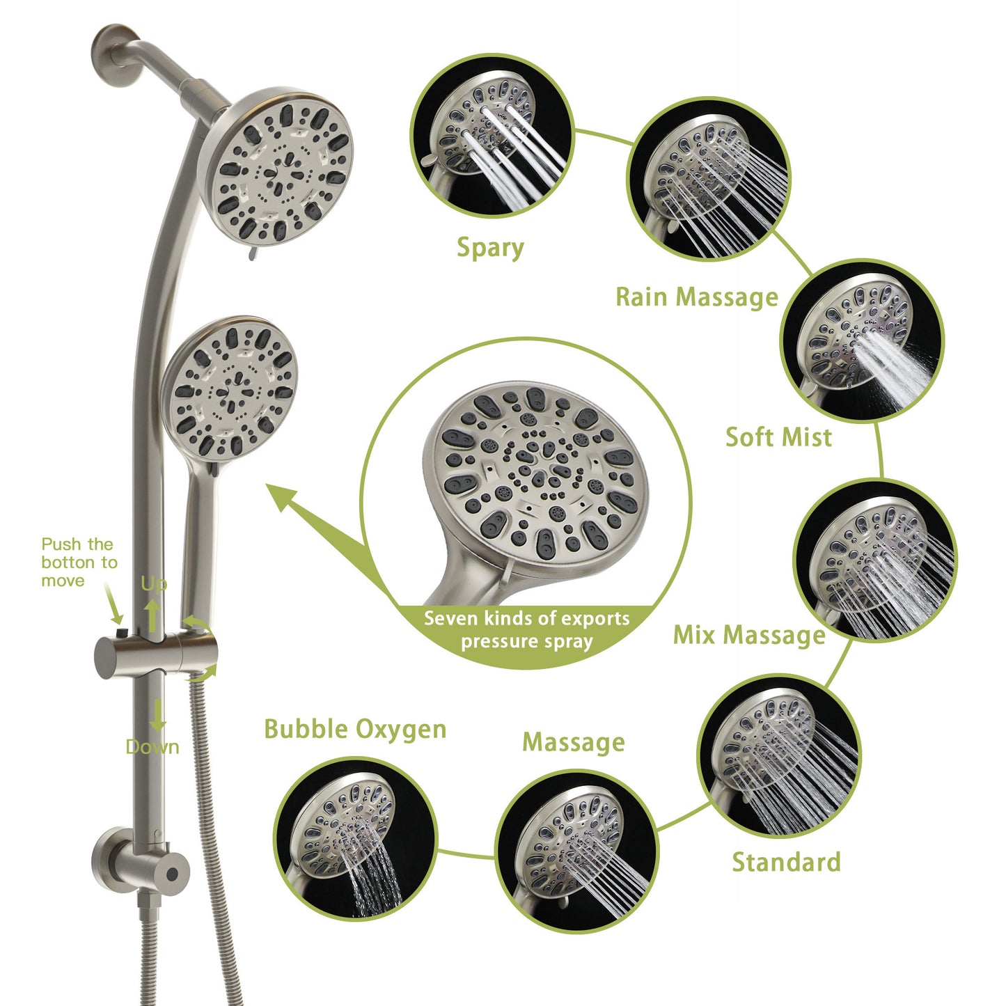 Multi Function Dual Shower Head - Shower System with 4.7" Rain Showerhead, 7-Function Hand Shower, Adjustable Slide Bar,Brushed Nickel