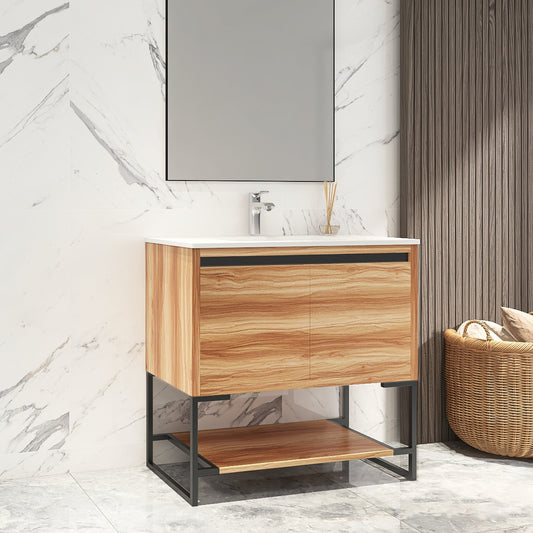 36 inches Wood Freestanding Bathroom Vanity Combo with Integrated Ceramic Sink and 2 Soft Close Doors