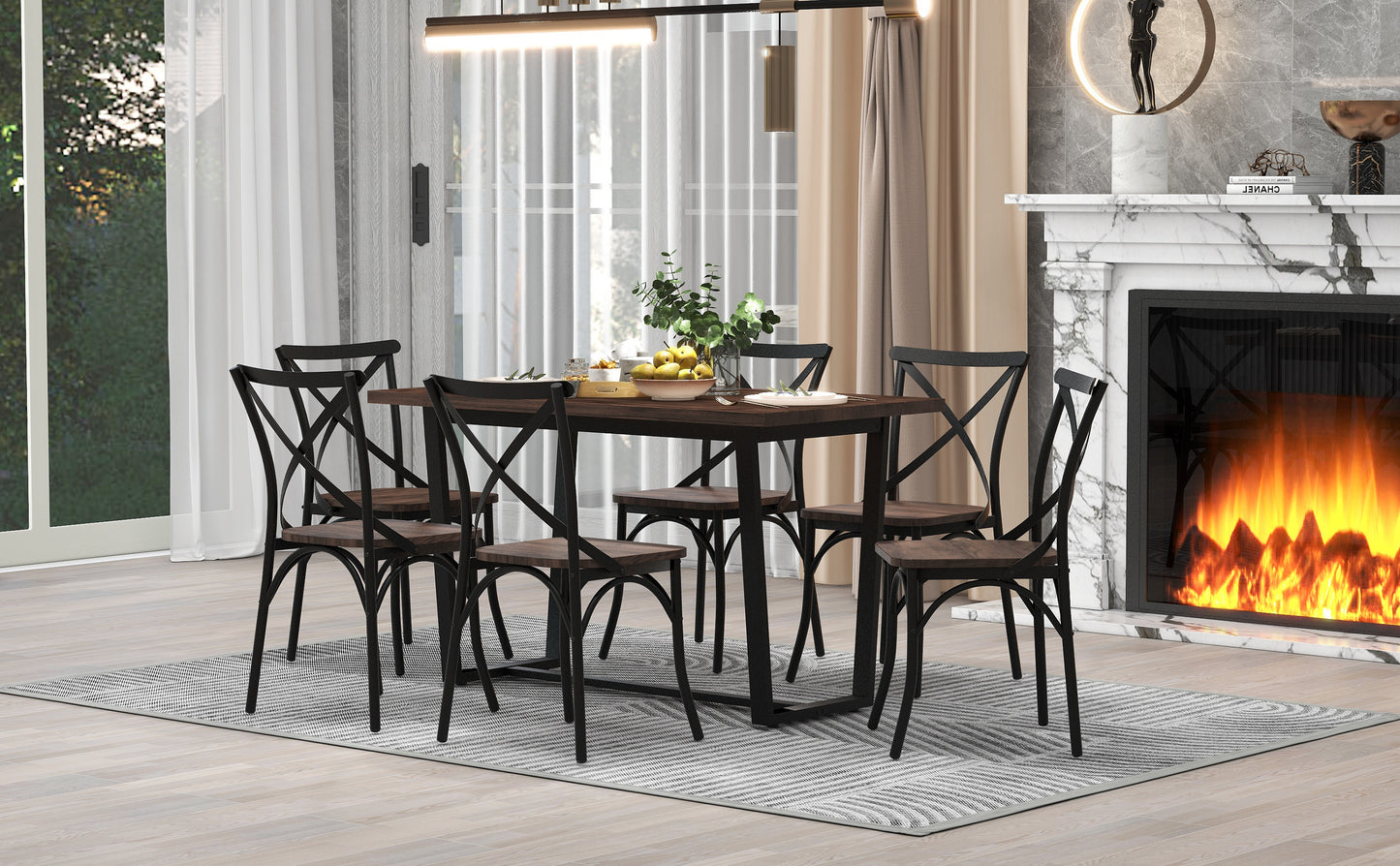 TREXM 7 Piece Industrial Dining Table Set Rectangular Table with 6 Dining Chairs Kitchen Table Set with Metal Frame (Rustic Brown)