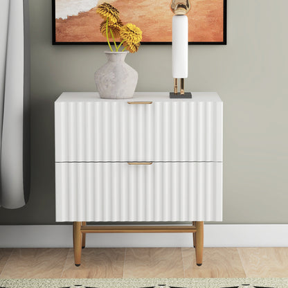 Nightstand with 2 Drawers & Golden Handle，Storage Bedside Table - White