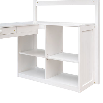 Twin size Loft Bed with Drawers, Cabinet, Shelves and Desk, Wooden Loft Bed with Desk - White(OLD SKU :LT000505AAK)