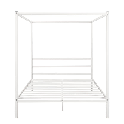 Metal Framed Canopy Platform Bed with Built-in Headboard,No Box Spring Needed, Classic Design, Queen ,White