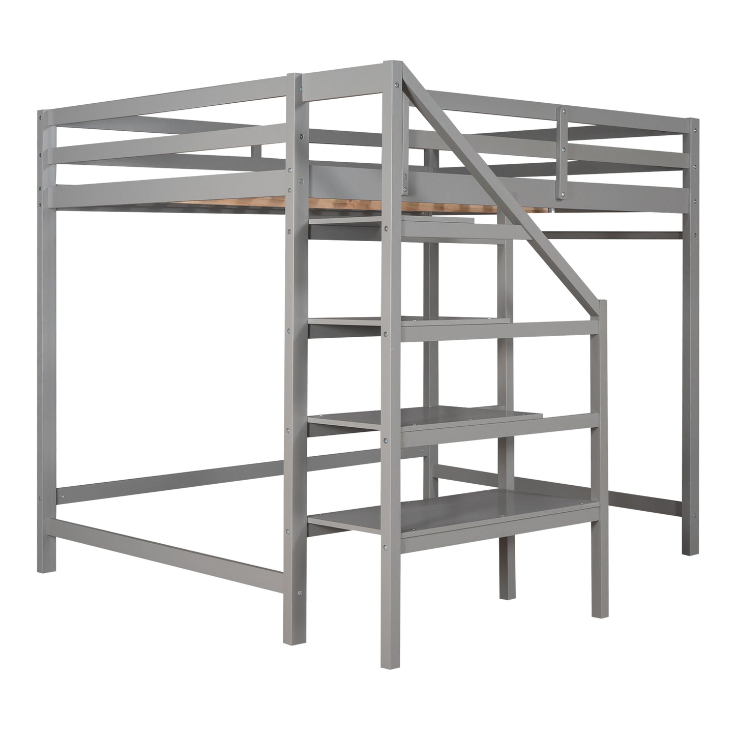 Full Size Loft Bed with Built-in Storage Staircase and Hanger for Clothes,Gray