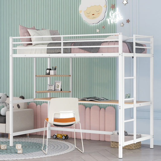 Twin Metal Loft Bed with Desk and Shelve,White