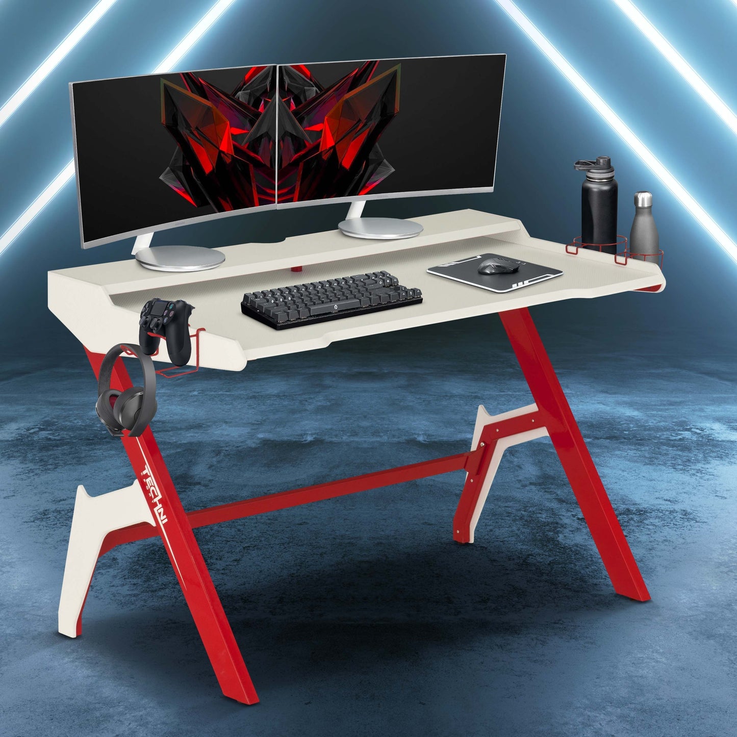 Techni Sport Ergonomic Computer Gaming  Desk Workstation with Cupholder & Headphone Hook, Red