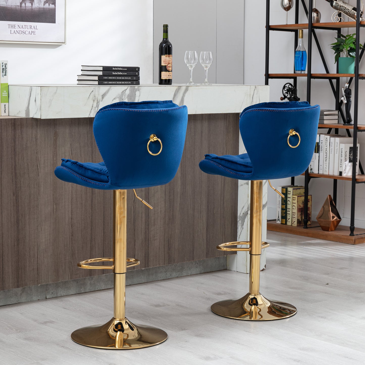 Set of 2  Bar Stools,with Chrome Footrest and Base Swivel Height Adjustable Mechanical Lifting Velvet + Golden Leg Simple Bar Stool-blue