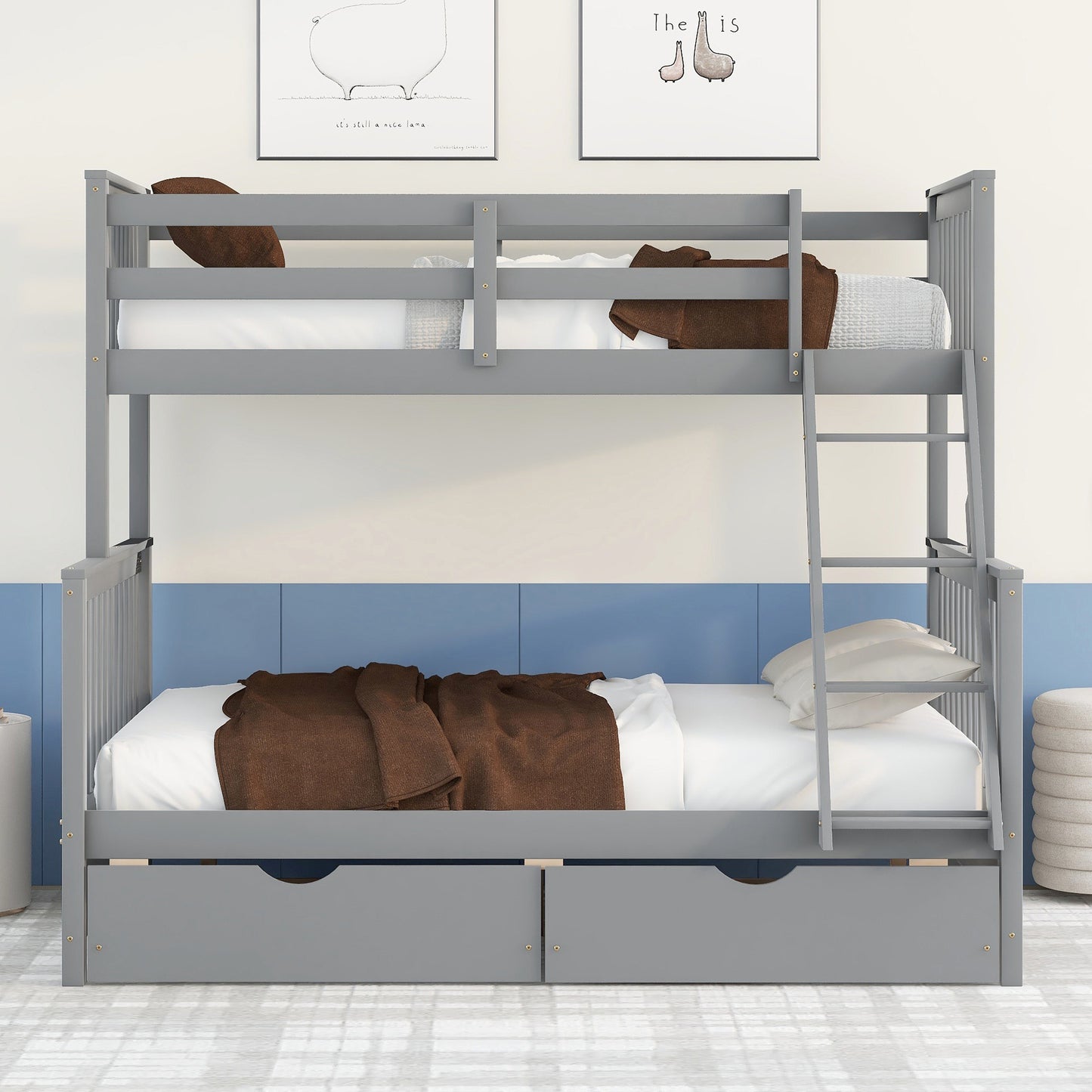 Twin-Over-Full Bunk Bed with Ladders and Two Storage Drawers(Gray)( old sku:LT000165AAE）