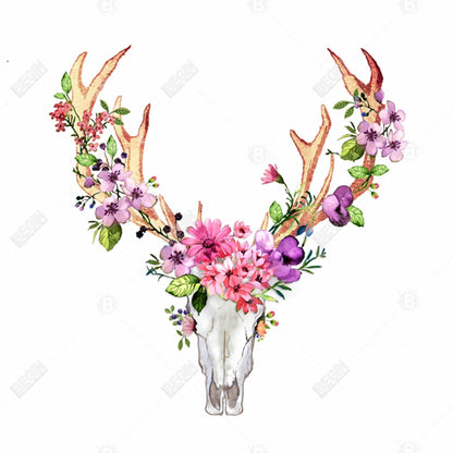 Deer skull with flowers  - 32x32 Print on canvas