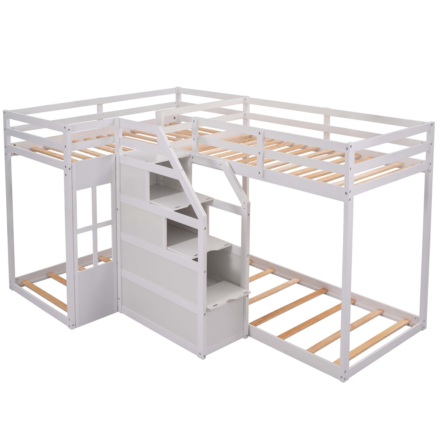 Twin over Twin L-Shaped Bunk Bed with Built-in Middle Staircase,White