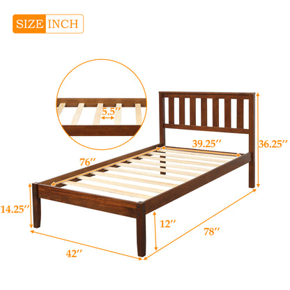 Wood Platform Bed with Headboard/Wood Slat Support，Twin (Walnut)