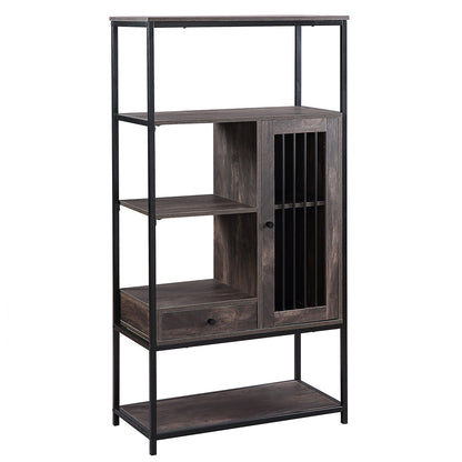 Home Office Bookcase and Bookshelf 5 Tier Display Shelf with Doors and Drawers, Freestanding Multi-functional Decorative Storage Shelving, Vintage Brown Industrial Style (Brown)