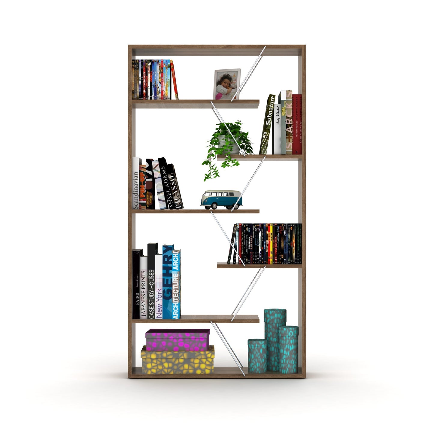 Furnish Home Store Wood Frame Etagere Open Back 6 Shelves Bookcase Industrial Bookshelf for Office and Living Rooms Modern Bookcases Large Bookshelf Organizer, Walnut/Chrome