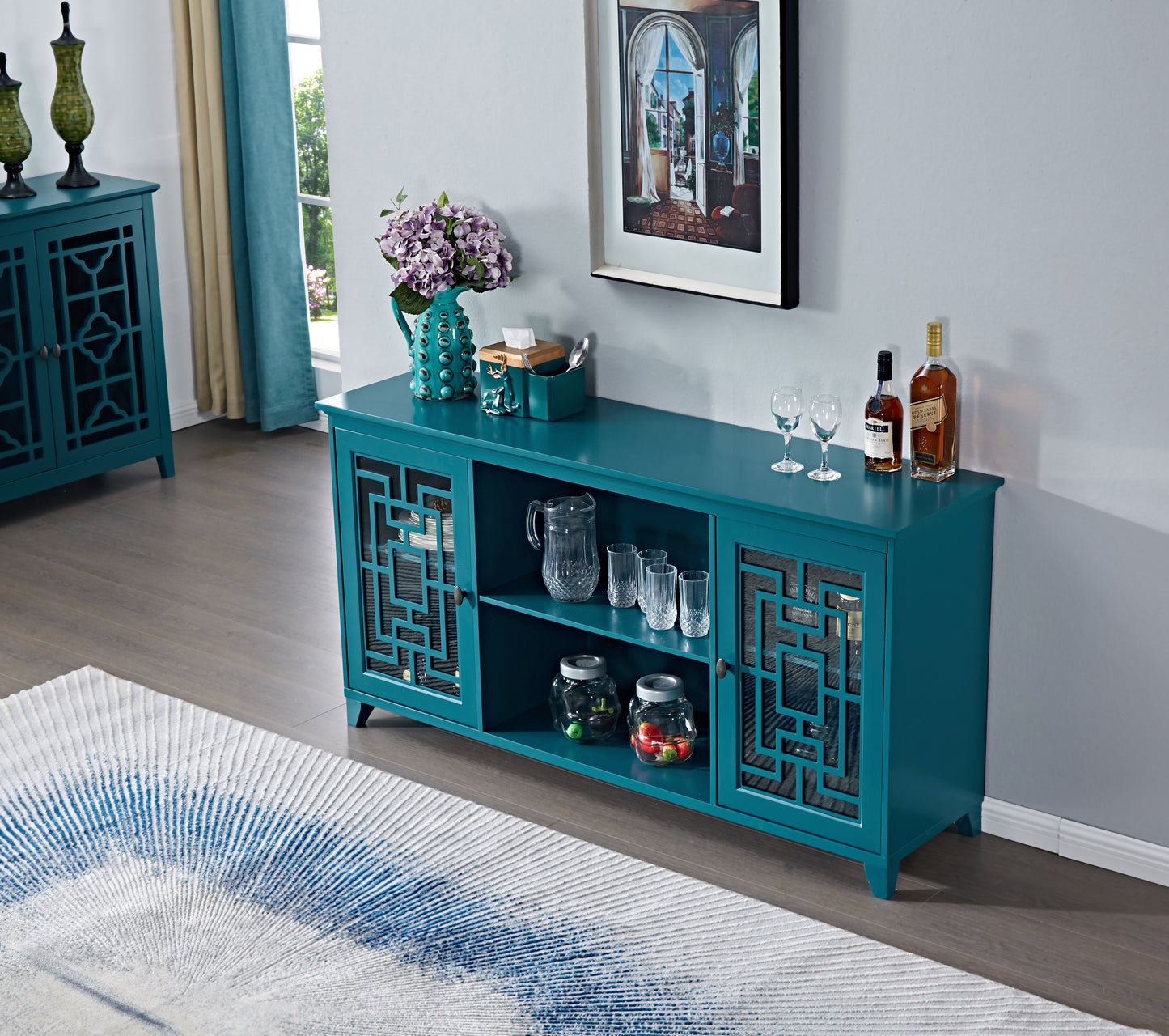 60” Sideboard Buffet Table with 2 Doors, Storage Cabinet with Adjustable Shelves, Teal Blue