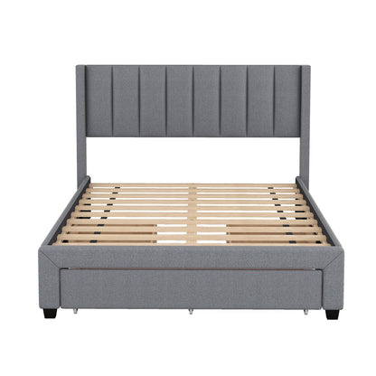 Full Size Upholstered Platform Bed with One Large Drawer in the Footboard and Drawer on Each Side,Gray