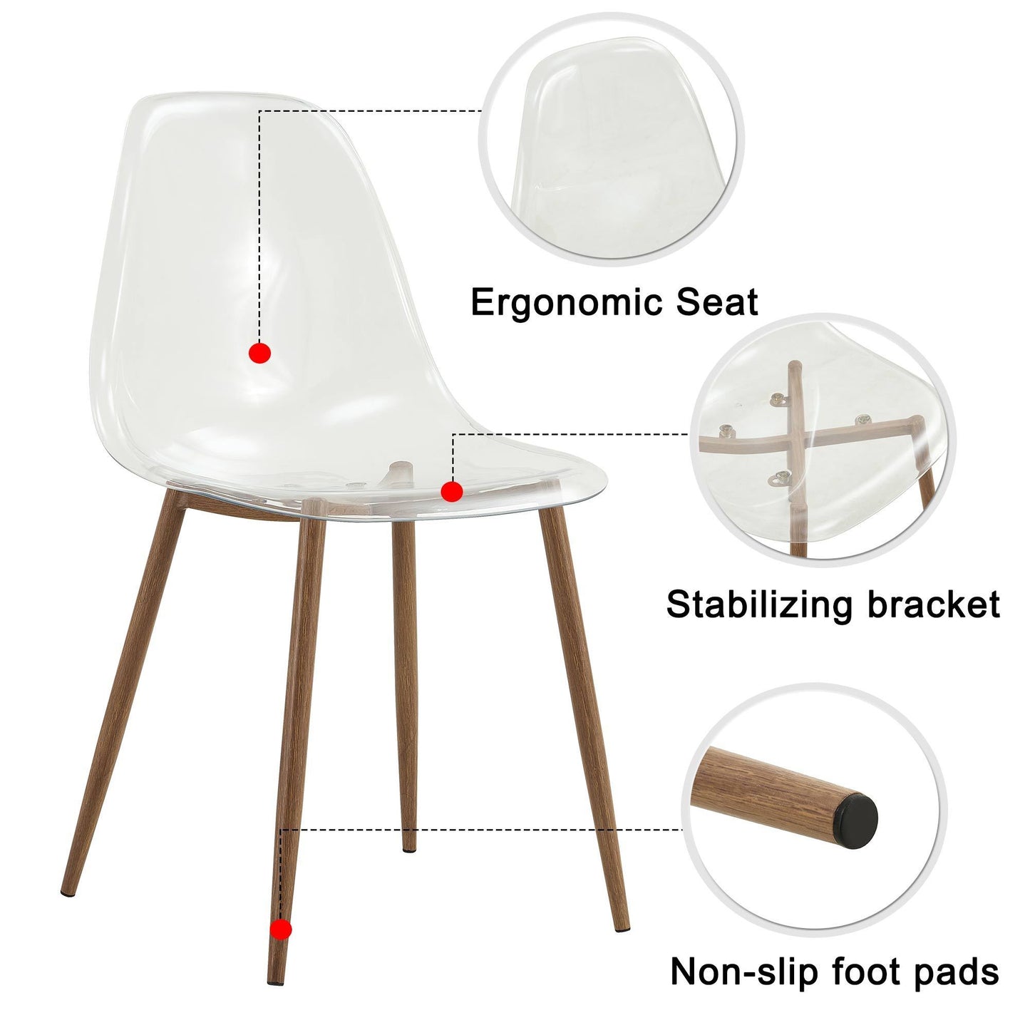 Modern simple transparent dining chair plastic chair armless crystal chair Nordic creative makeup stool negotiation chair Set of 4 and wood color metal leg