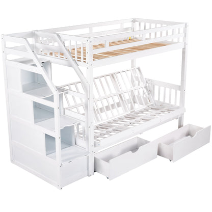 Twin over Full Bunk Bed with Two Drawers and Staircase, Down Bed can be Converted into Daybed,White