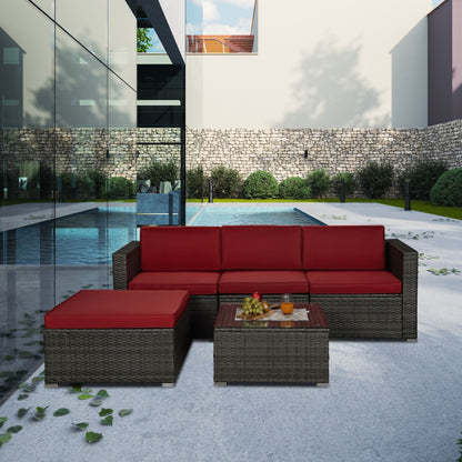 Outdoor Garden Patio Furniture 5-Piece Gray PE Rattan Wicker Sectional Red Cushioned Sofa Sets