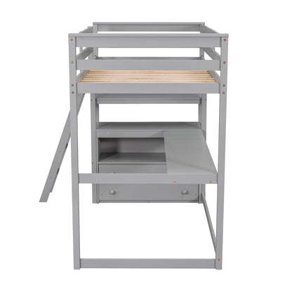 Twin Size Loft Bed with Desk and Shelves, Two Built-in Drawers, Gray(old SKU: GX000803AAE-1）