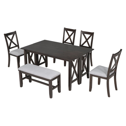 TREXM 6-Piece Family Dining Room Set Solid Wood Space Saving Foldable Table and 4 Chairs with Bench for Dining Room (Espresso)