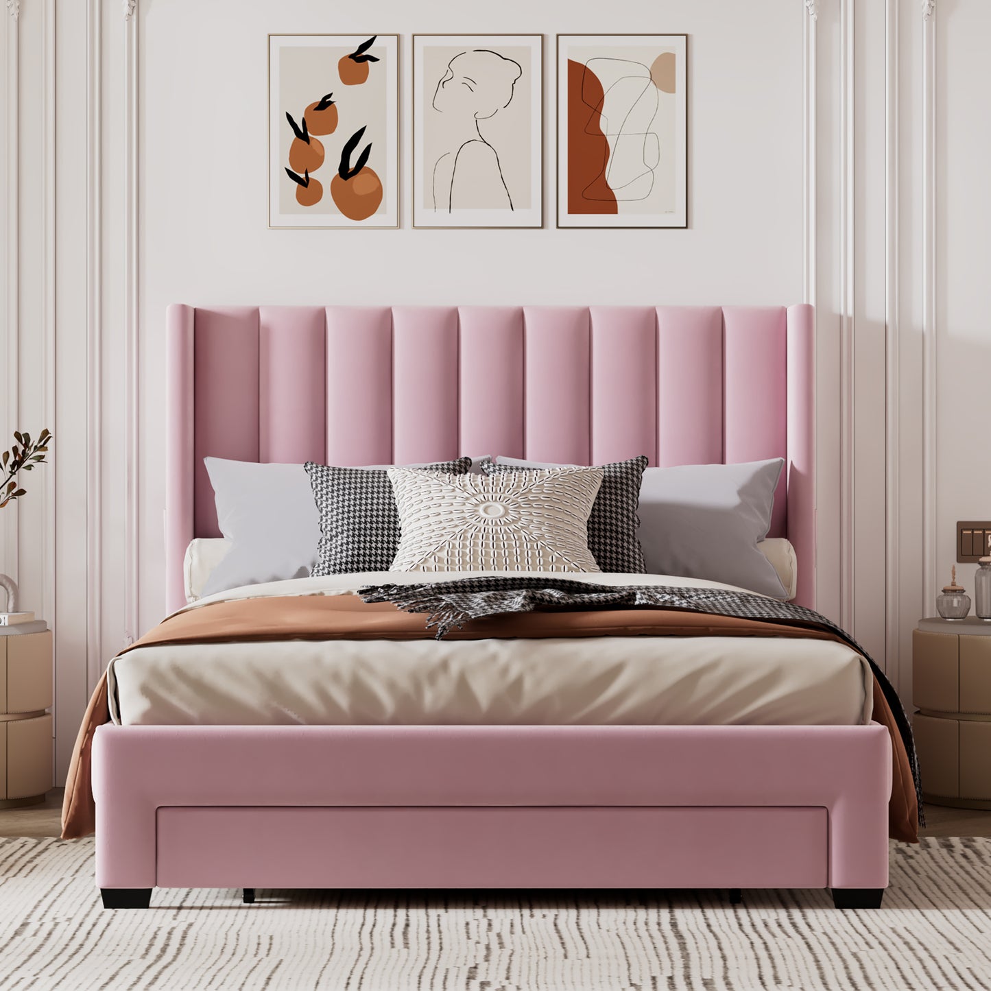 Queen Size Storage Bed Velvet Upholstered Platform Bed with a Big Drawer - Pink