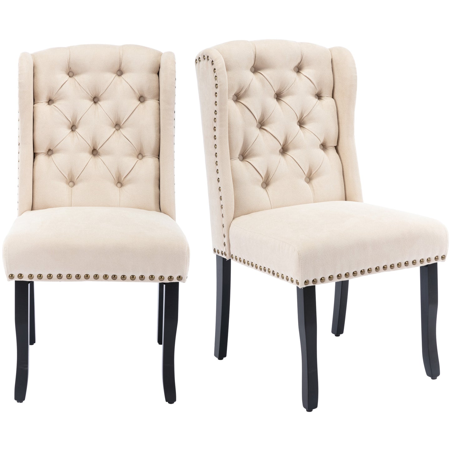 TREXM Cotton Fabric Dining Chairs Set of 2, Upholstered Dining Room Chairs with Solid Wood Legs, Wingback and Button Tufting (Beige)