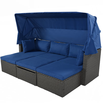 U_Style Outdoor Patio Rectangle Daybed with Retractable Canopy,  Wicker Furniture Sectional Seating with Washable Cushions, Backyard, Porch