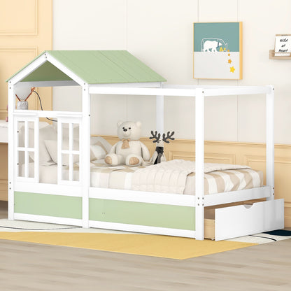 Twin Size House Bed with Roof, Window and Drawer - Green + White