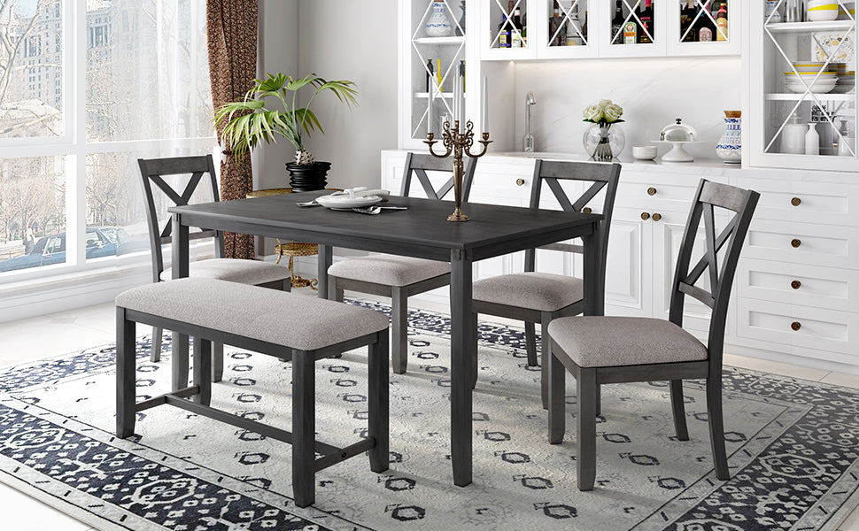 TREXM 6-Piece Kitchen Dining Table Set Wooden Rectangular Dining Table, 4 Fabric Chairs and Bench Family Furniture (Grey)