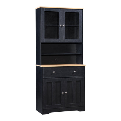 TREXM 70.9" Multifunctional Pantry Cabinet MDF Storage Cabinet with Glass Doors, A Large Drawer and Adjustable Shelves (Black)