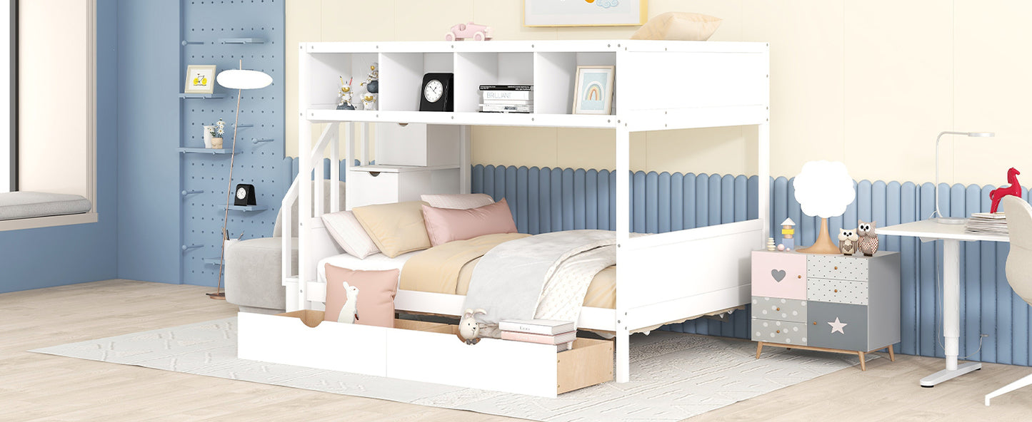 Twin over Full Bunk Bed with Shelfs, Storage Staircase and 2 Drawers, White