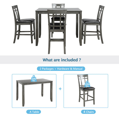 TOPMAX Brand 5 Piece Vintage Rectangular Counter Height Bar Table with 4 chairs, Wood Dining Table and Chair Set for Dining Room, Pub and Bistro (Antique Graywash)