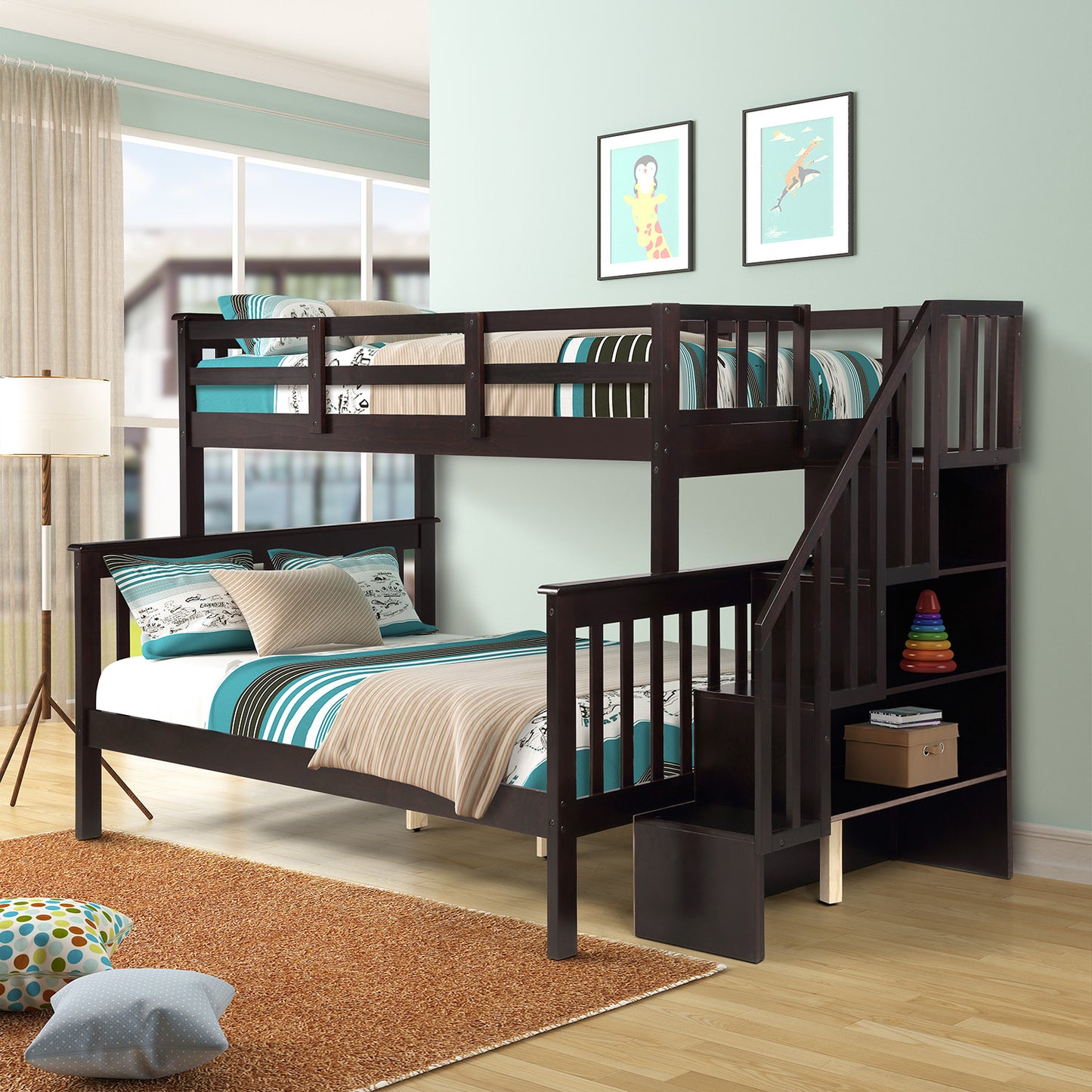 Stairway Twin-Over-Full Bunk Bed with Storage and Guard Rail for Bedroom, Espresso color(OLD SKU :LP000019AAP)