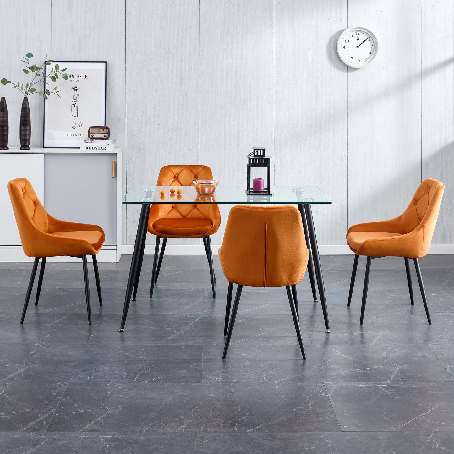 Kitchen Dining Room Metal legs Glass Table Set with 4 pcs orange velvet fabric dining chairs