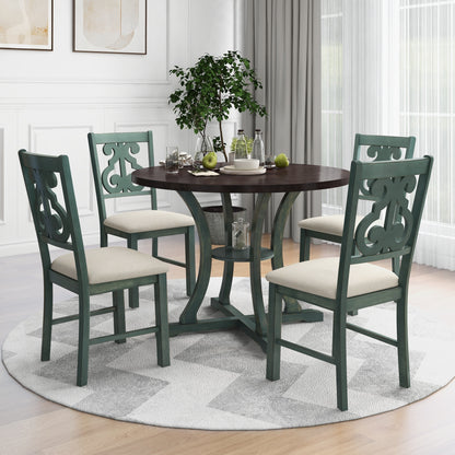 TREXM 5-Piece Round Dining Table and 4 Fabric Chairs with Special-shaped Table Legs and Storage Shelf (Antique Blue/ Dark Brown)